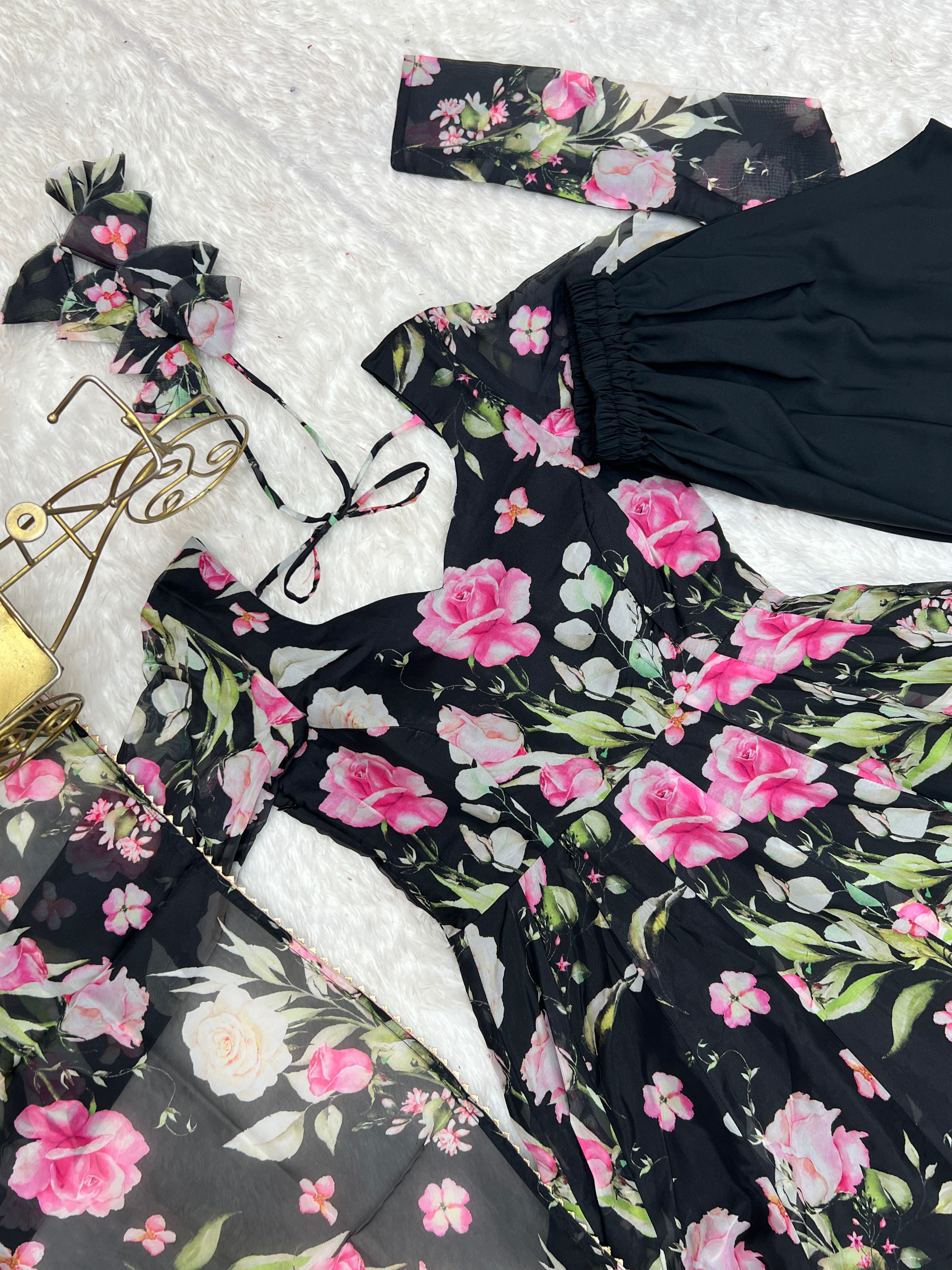 Ravishing Black Pure Organza Silk Floral Printed Anarkali Pant Suit - ETHNICDEAL