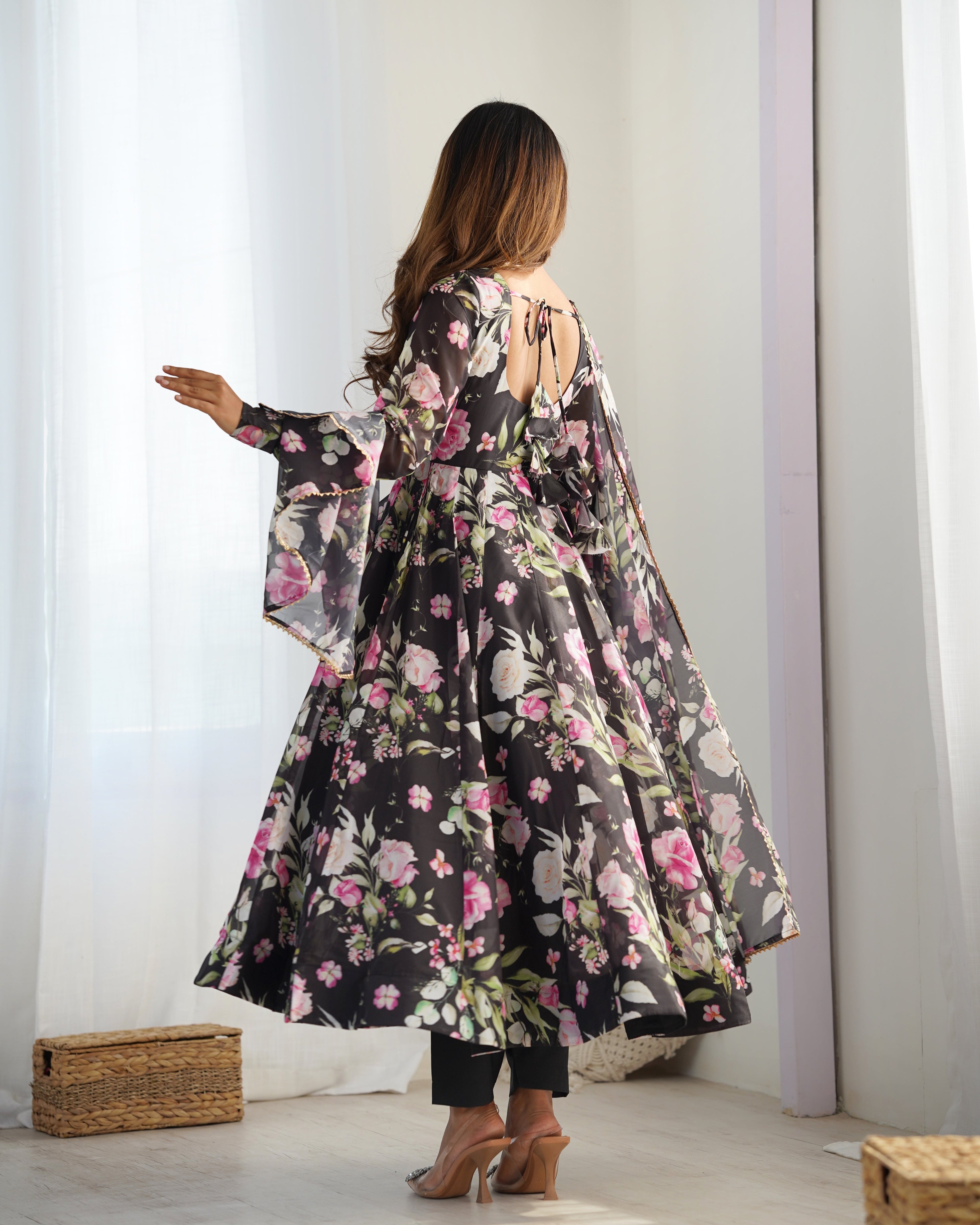 Ravishing Black Pure Organza Silk Floral Printed Anarkali Pant Suit - ETHNICDEAL