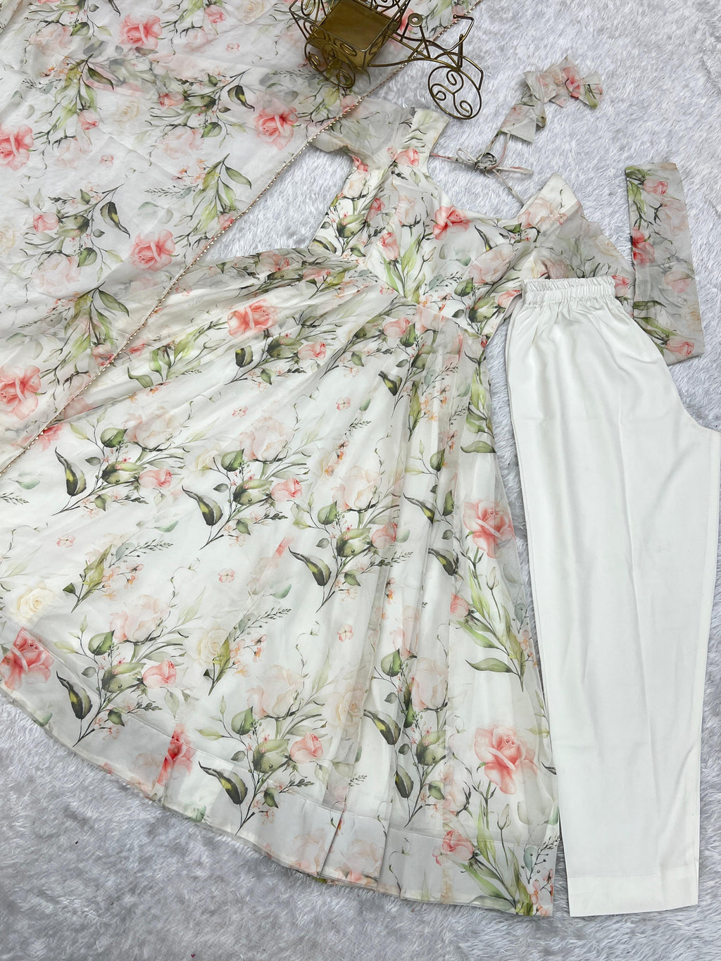 Fabulous White Pure Organza Silk Floral Printed Anarkali Pant Suit - Ethnicwish