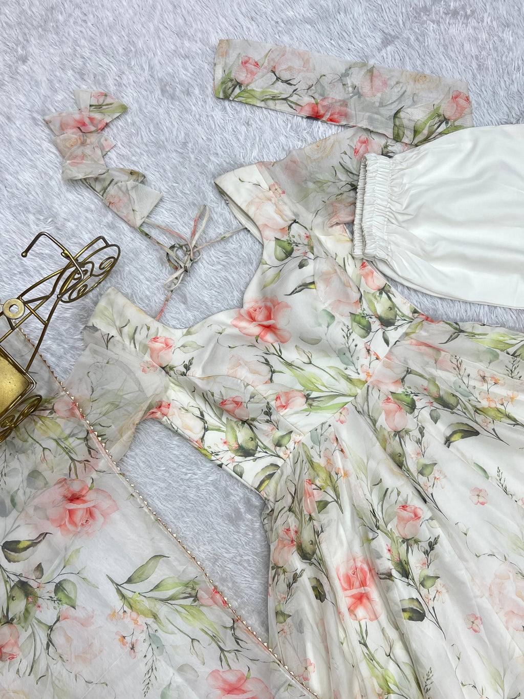 Fabulous White Pure Organza Silk Floral Printed Anarkali Pant Suit - Ethnicwish