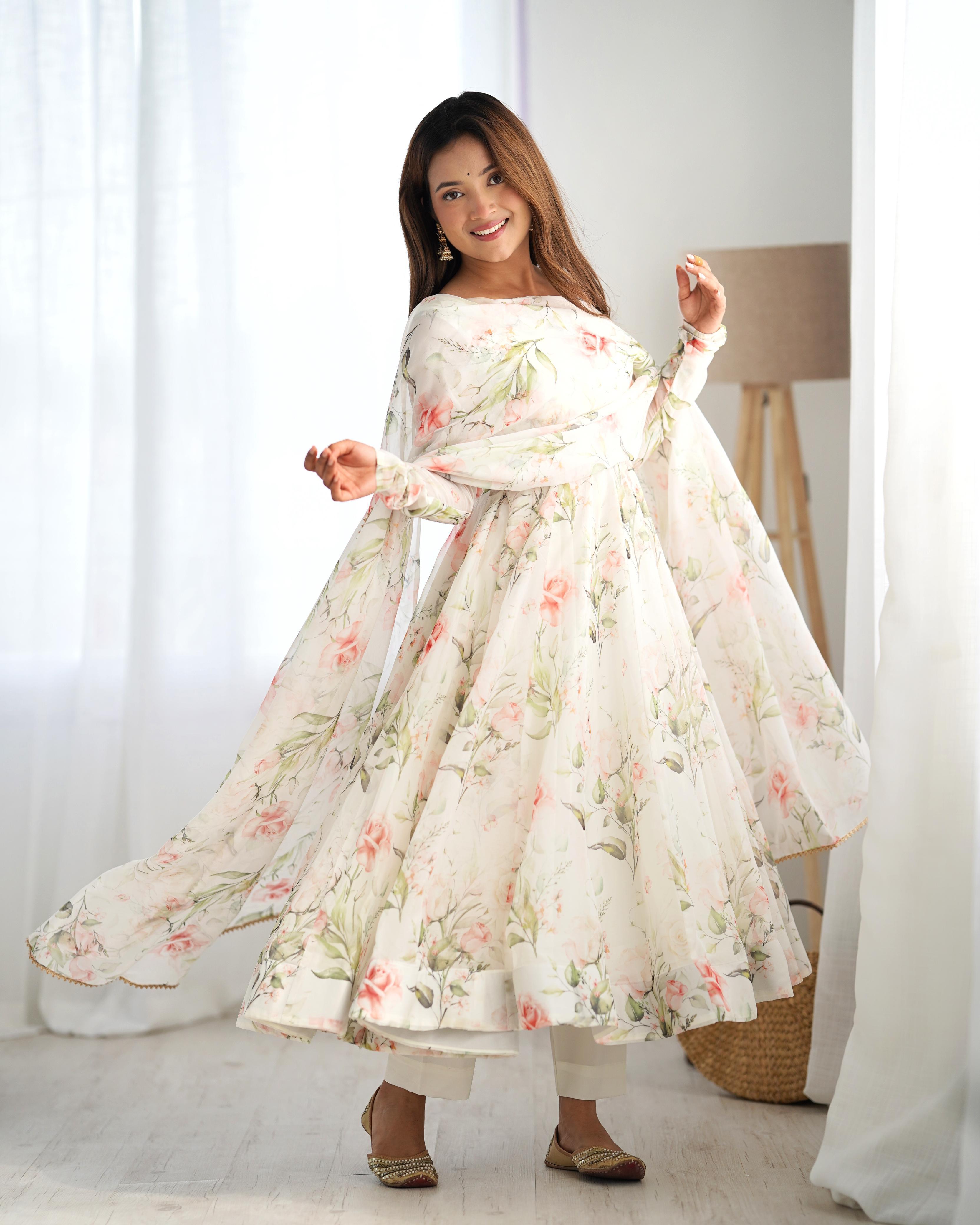 Fabulous White Pure Organza Silk Floral Printed Anarkali Pant Suit - Ethnicwish