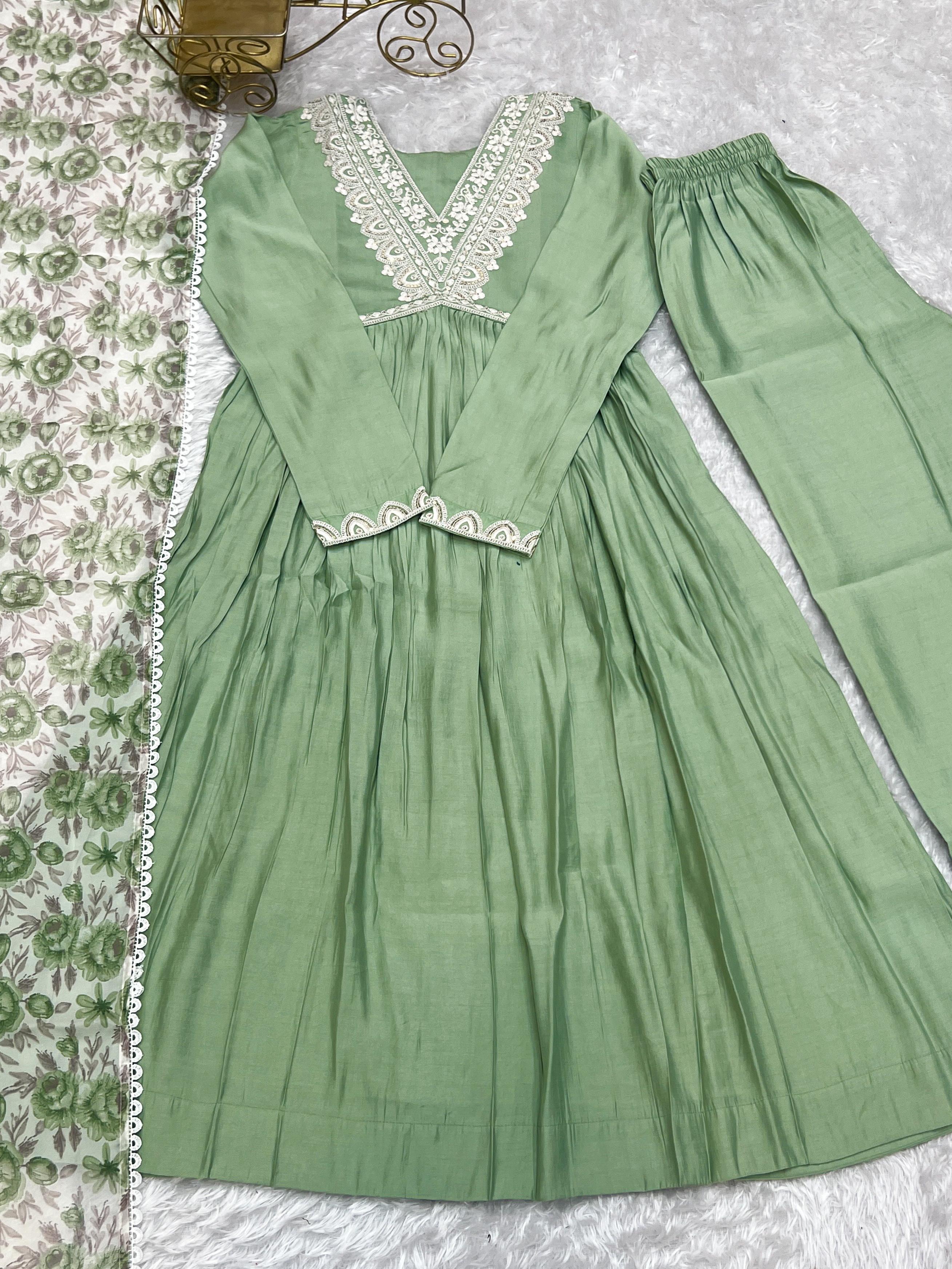 Elegant Pista Green Nyra Cut Roman Silk Anarkali Pant Suit - Ethnicwish