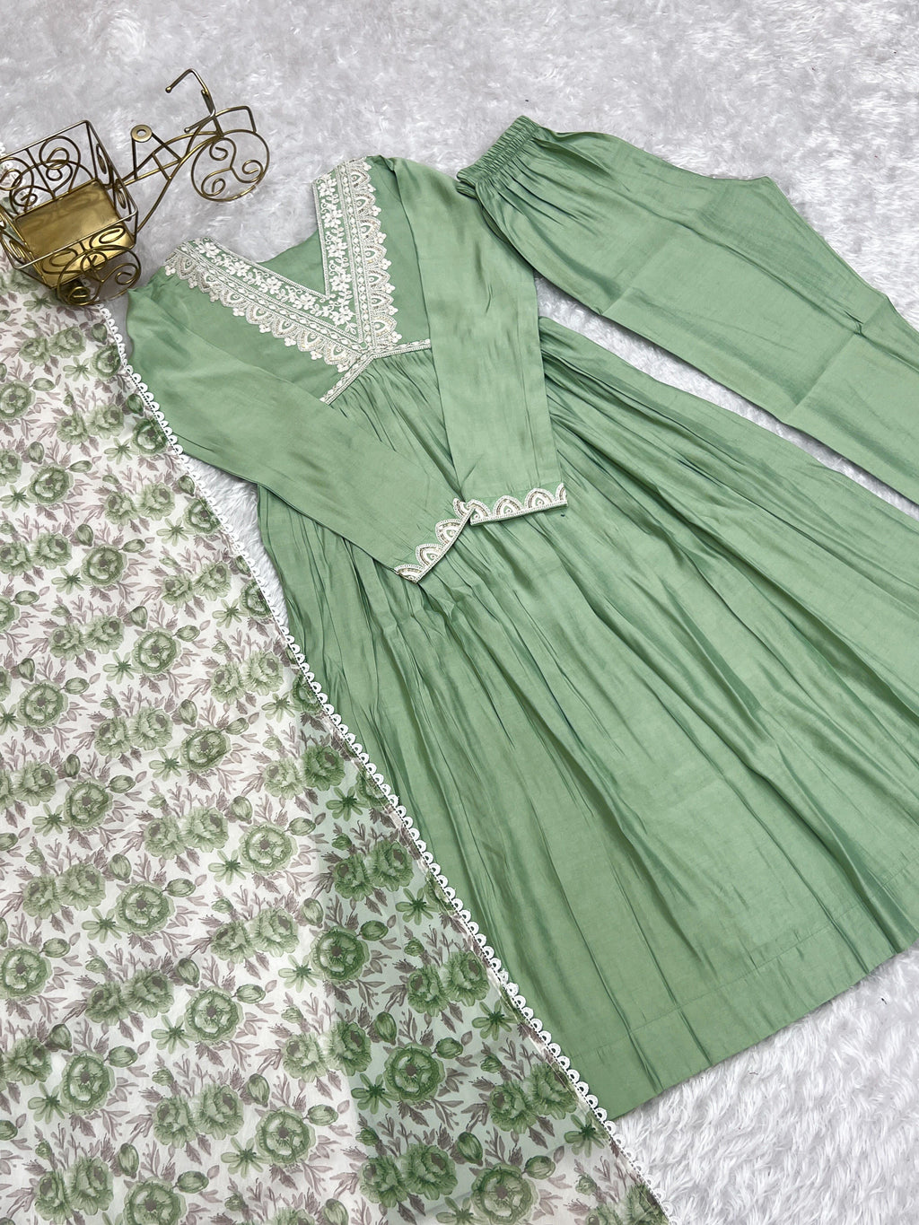 Elegant Pista Green Nyra Cut Roman Silk Anarkali Pant Suit - Ethnicwish