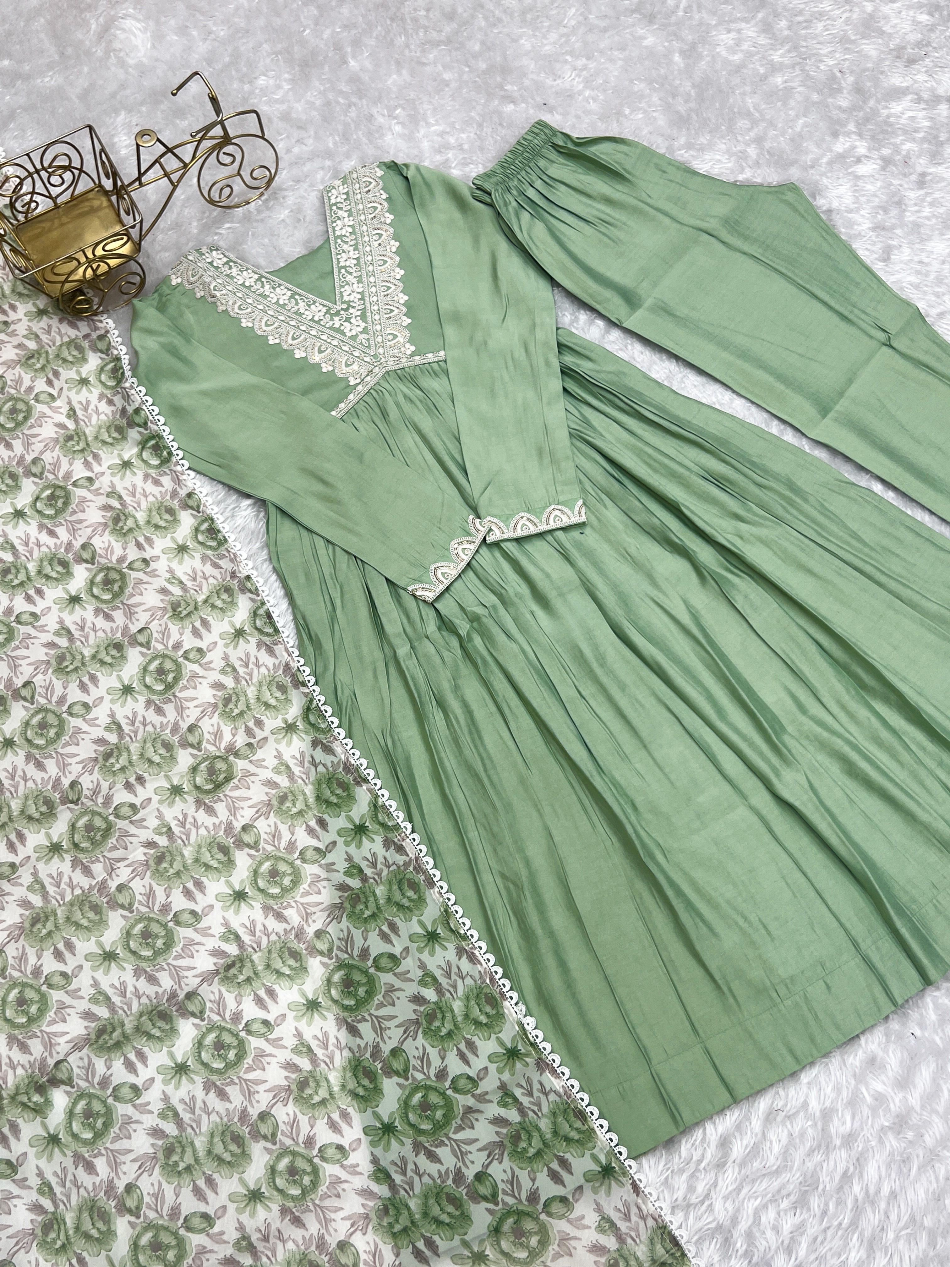 Elegant Pista Green Nyra Cut Roman Silk Anarkali Pant Suit - Ethnicwish