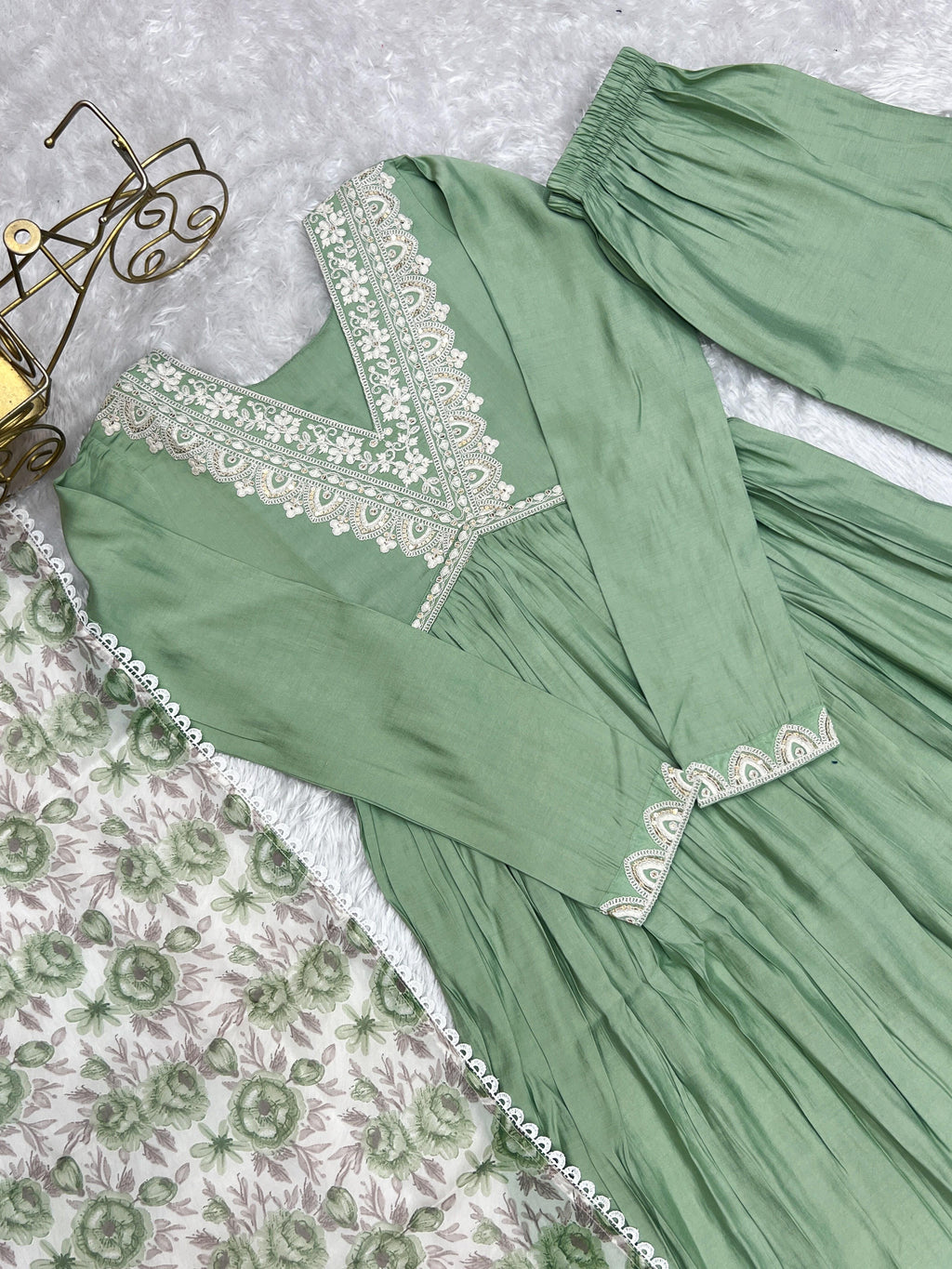 Elegant Pista Green Nyra Cut Roman Silk Anarkali Pant Suit - Ethnicwish