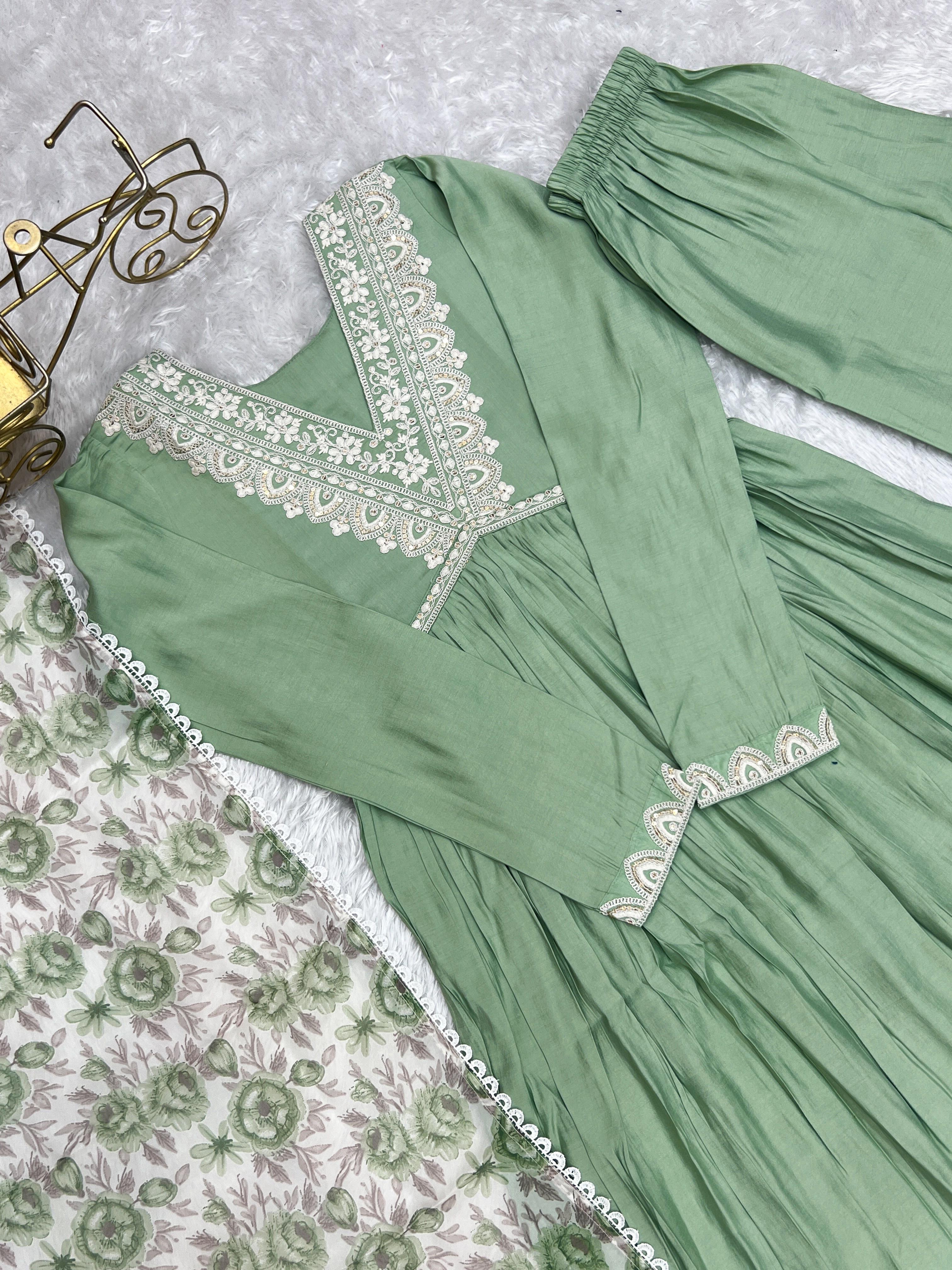 Elegant Pista Green Nyra Cut Roman Silk Anarkali Pant Suit - Ethnicwish