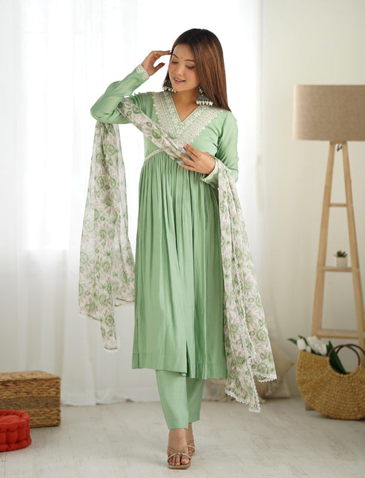 Elegant Pista Green Nyra Cut Roman Silk Anarkali Pant Suit - Ethnicwish