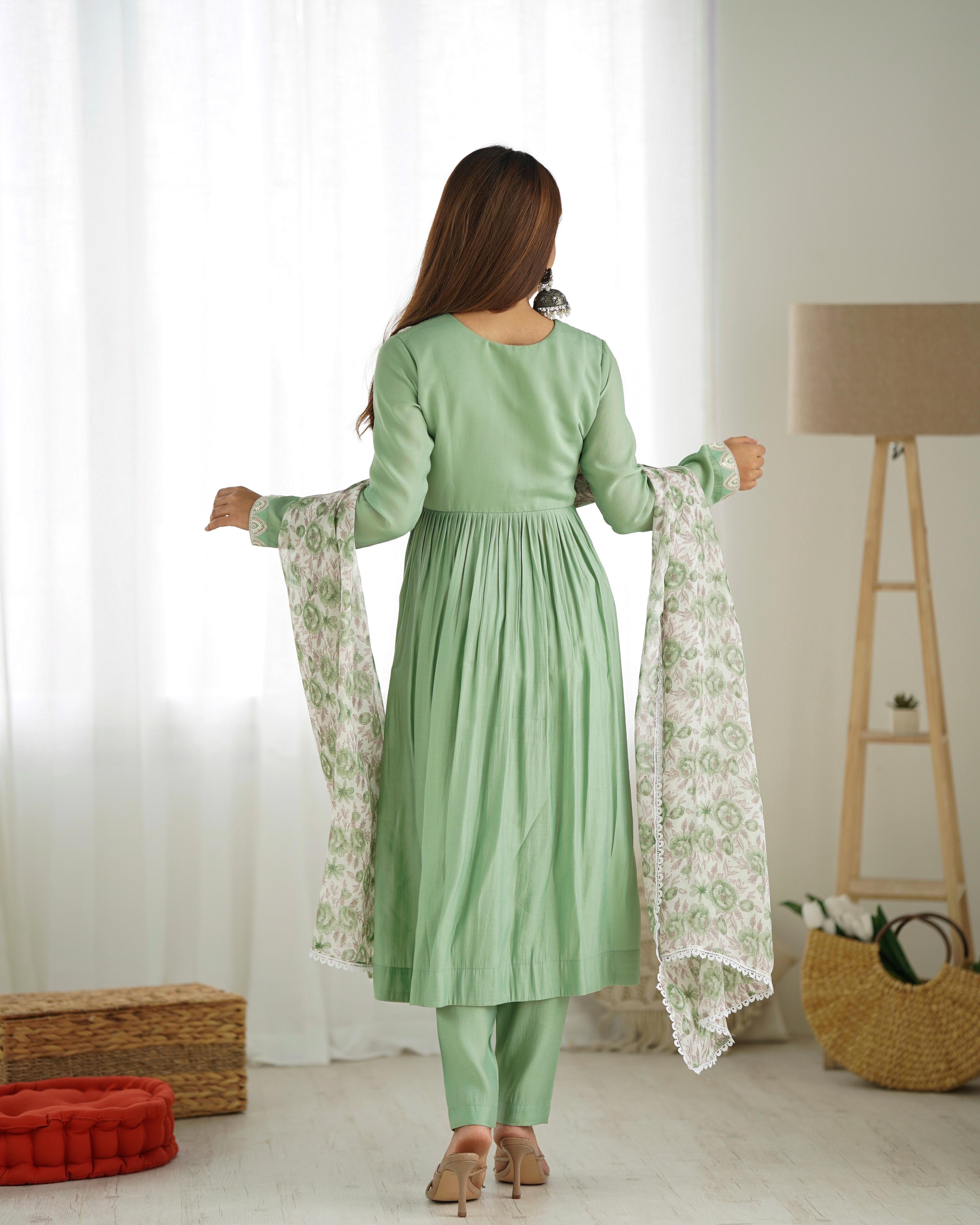 Elegant Pista Green Nyra Cut Roman Silk Anarkali Pant Suit - Ethnicwish