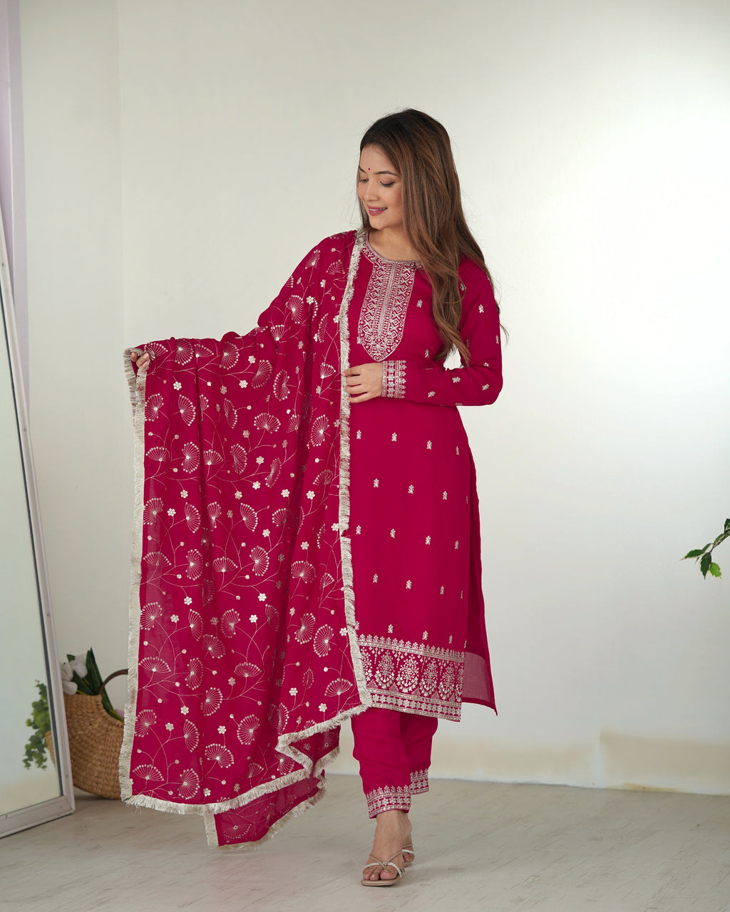 Lovely Pink Rangoli Silk Sequins Zari Embroidered Kurti Pant Suit - Ethnicwish