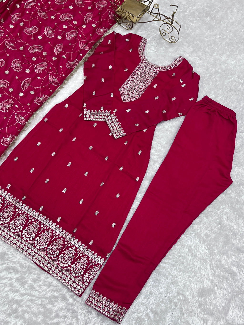 Lovely Pink Rangoli Silk Sequins Zari Embroidered Kurti Pant Suit - Ethnicwish