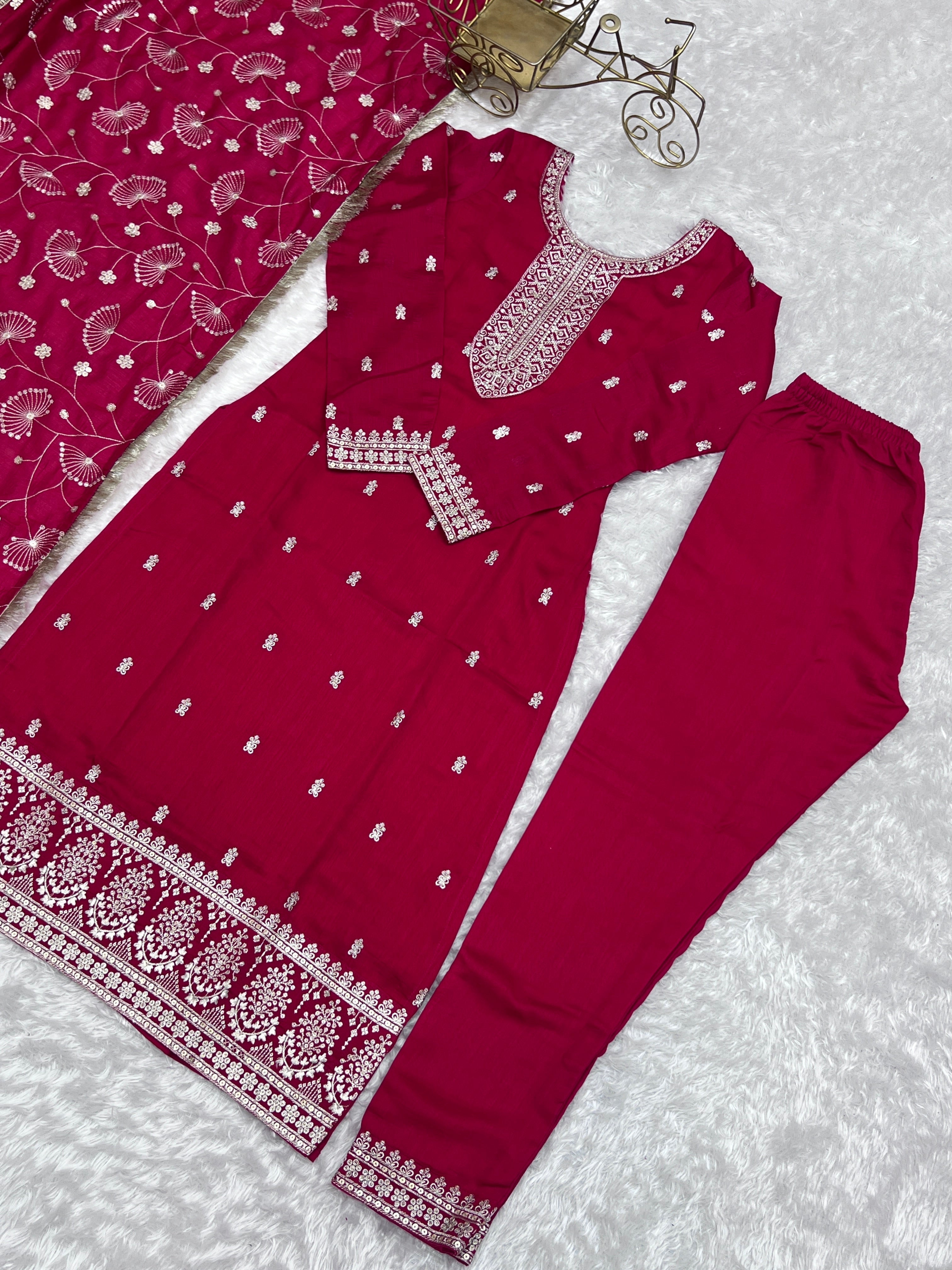 Lovely Pink Rangoli Silk Sequins Zari Embroidered Kurti Pant Suit - Ethnicwish