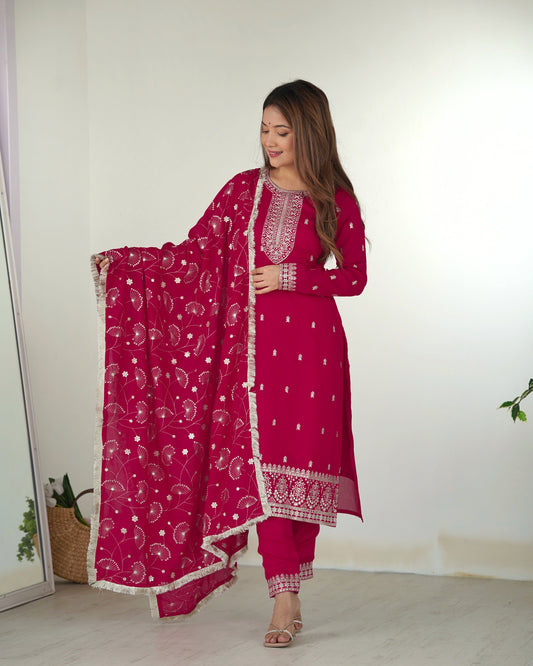 Lovely Pink Rangoli Silk Sequins Zari Embroidered Kurti Pant Suit - Ethnicwish