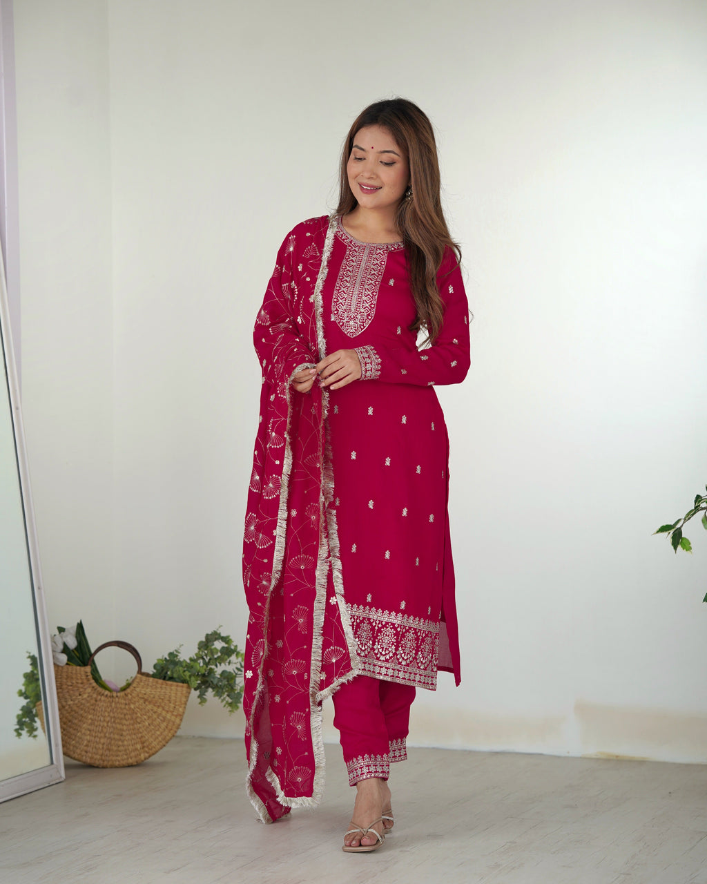Lovely Pink Rangoli Silk Sequins Zari Embroidered Kurti Pant Suit - Ethnicwish