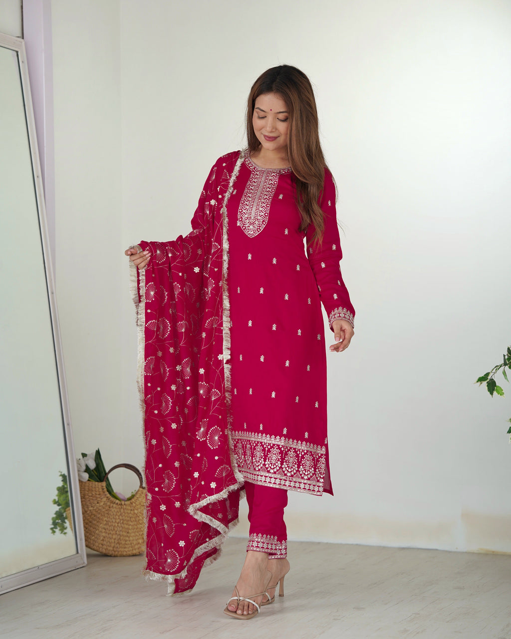 Lovely Pink Rangoli Silk Sequins Zari Embroidered Kurti Pant Suit - Ethnicwish