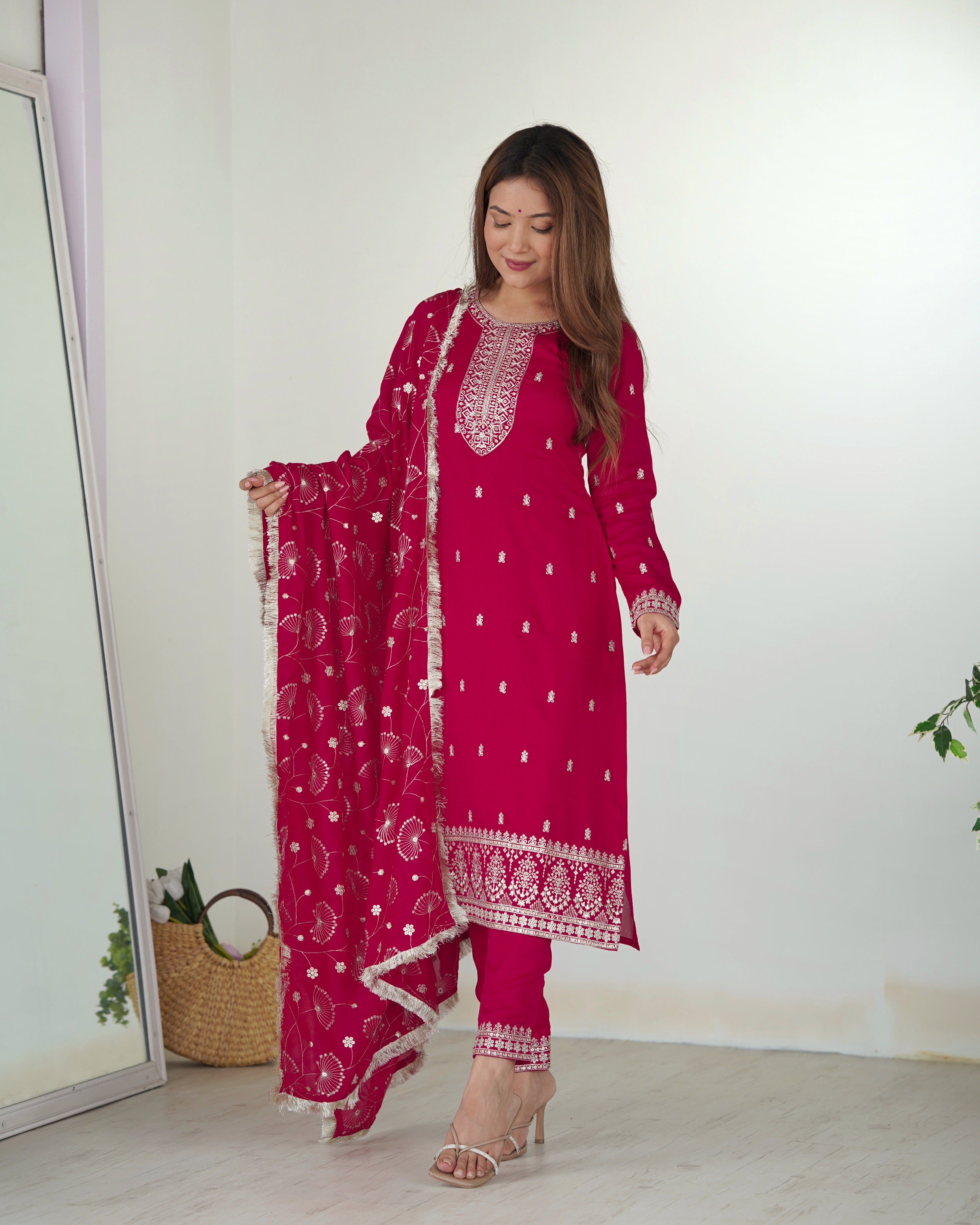 Lovely Pink Rangoli Silk Sequins Zari Embroidered Kurti Pant Suit - Ethnicwish