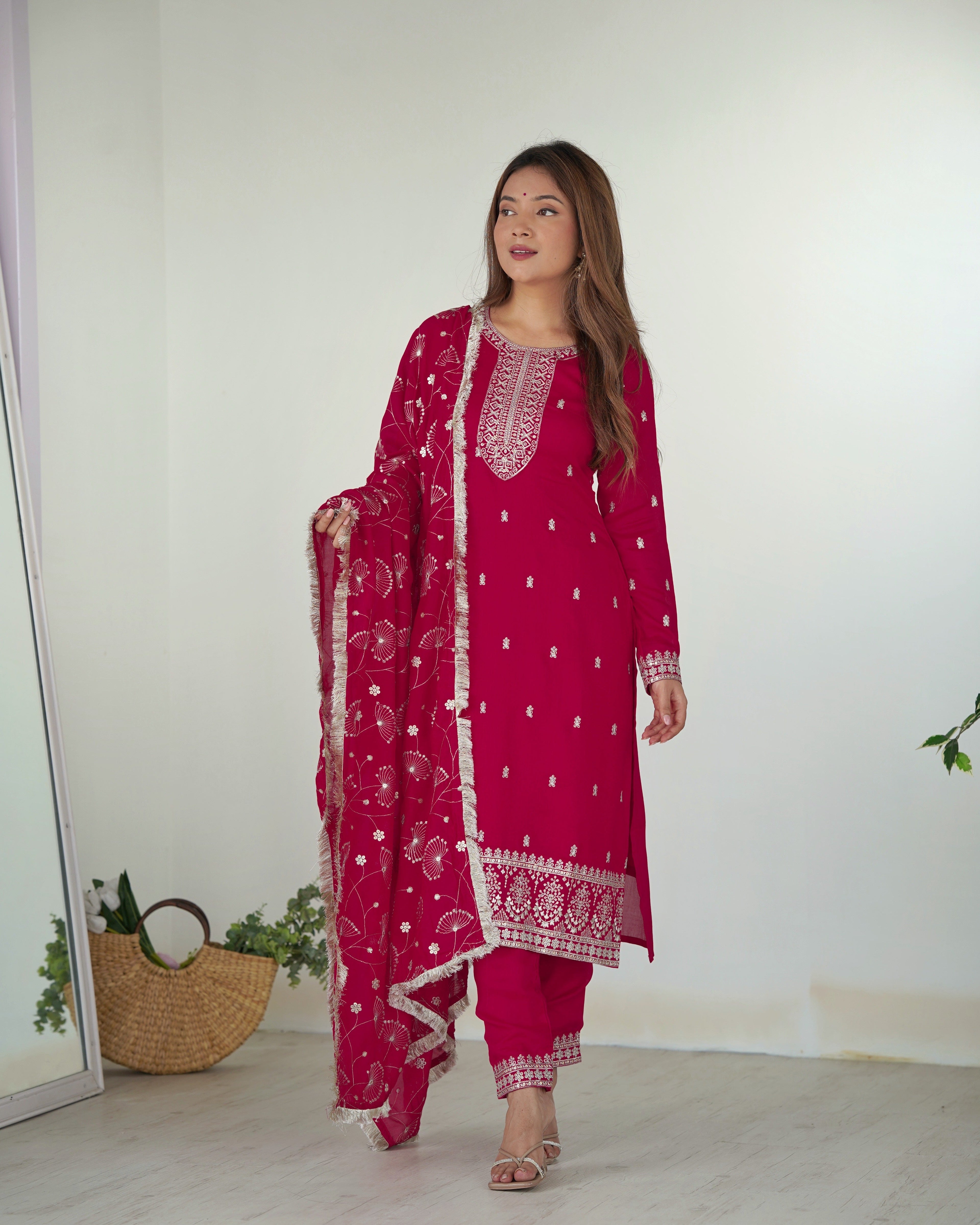 Lovely Pink Rangoli Silk Sequins Zari Embroidered Kurti Pant Suit - Ethnicwish