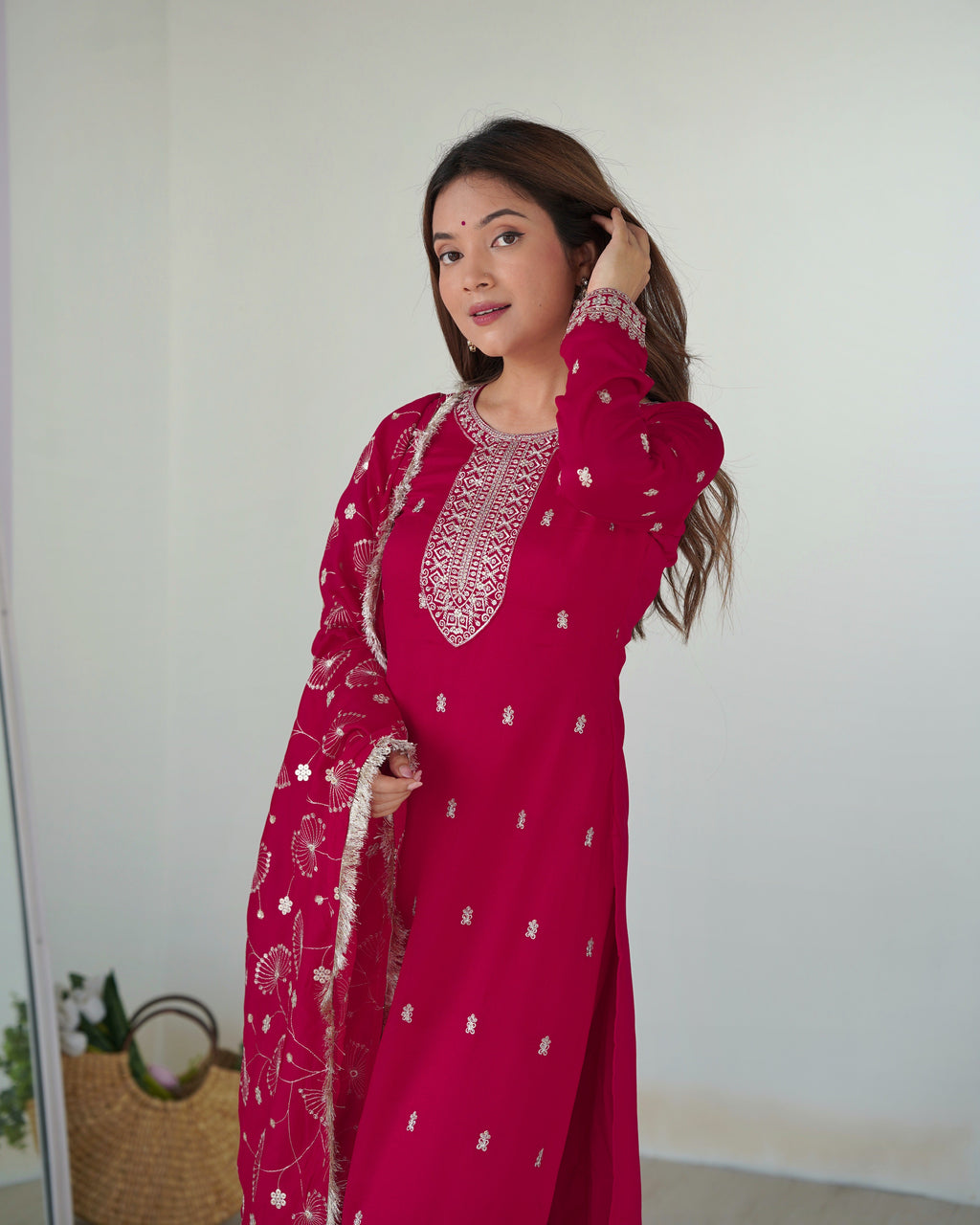 Lovely Pink Rangoli Silk Sequins Zari Embroidered Kurti Pant Suit - Ethnicwish