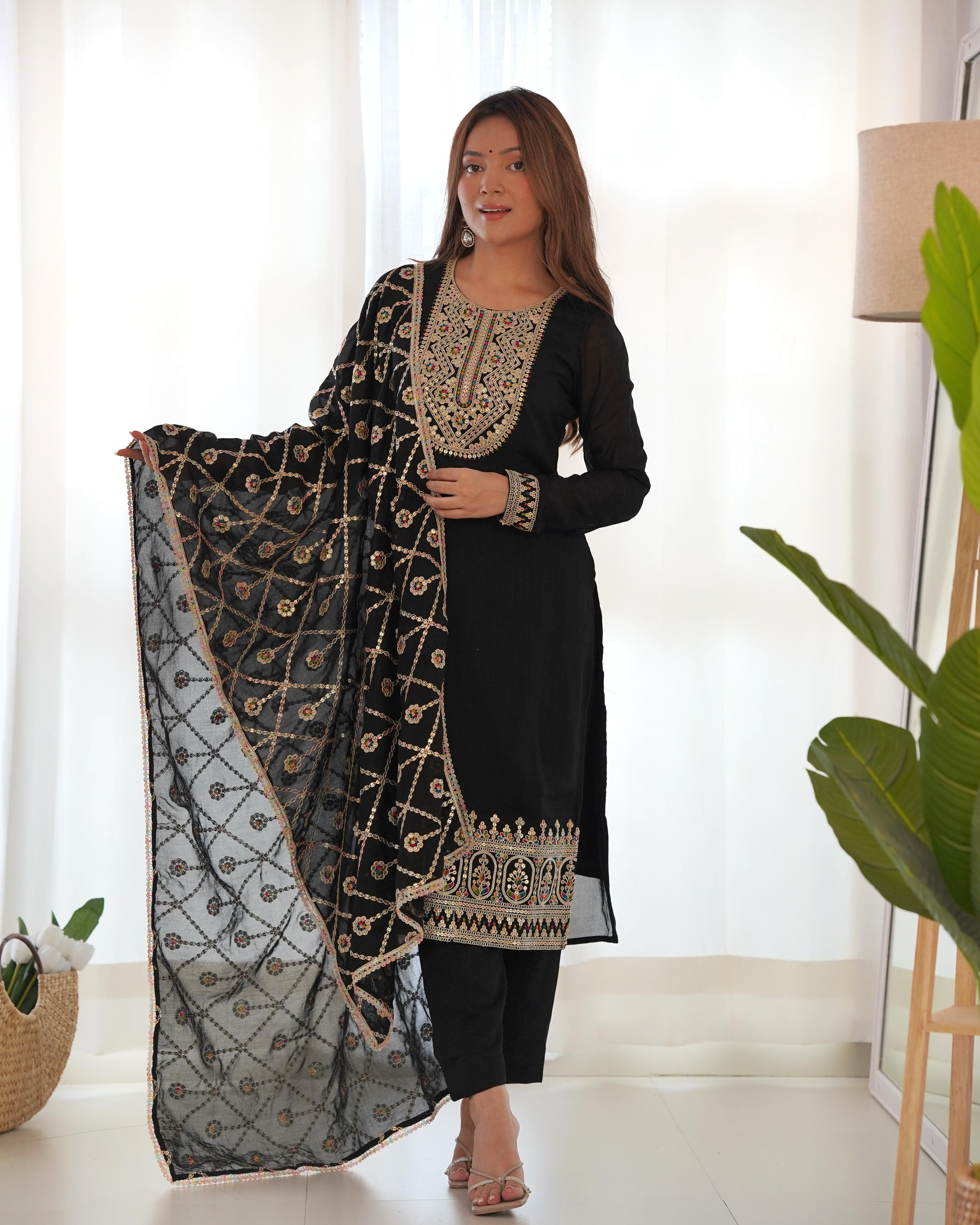 Amazing Black Pure Vichitra Silk Sequins Dori Thread Worked Suit - Ethnicwish