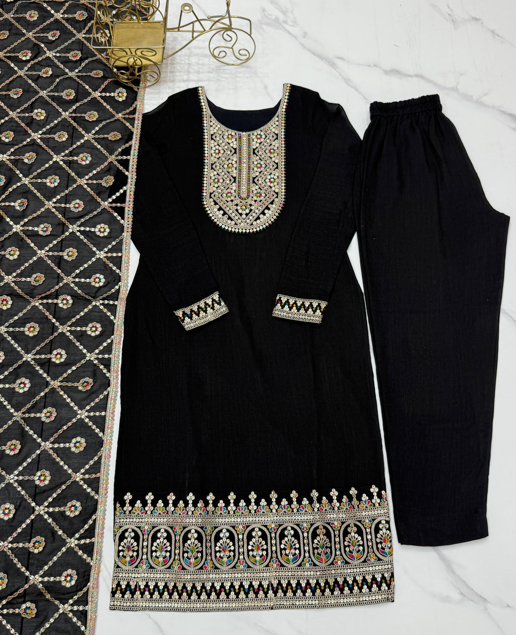 Amazing Black Pure Vichitra Silk Sequins Dori Thread Worked Suit - Ethnicwish