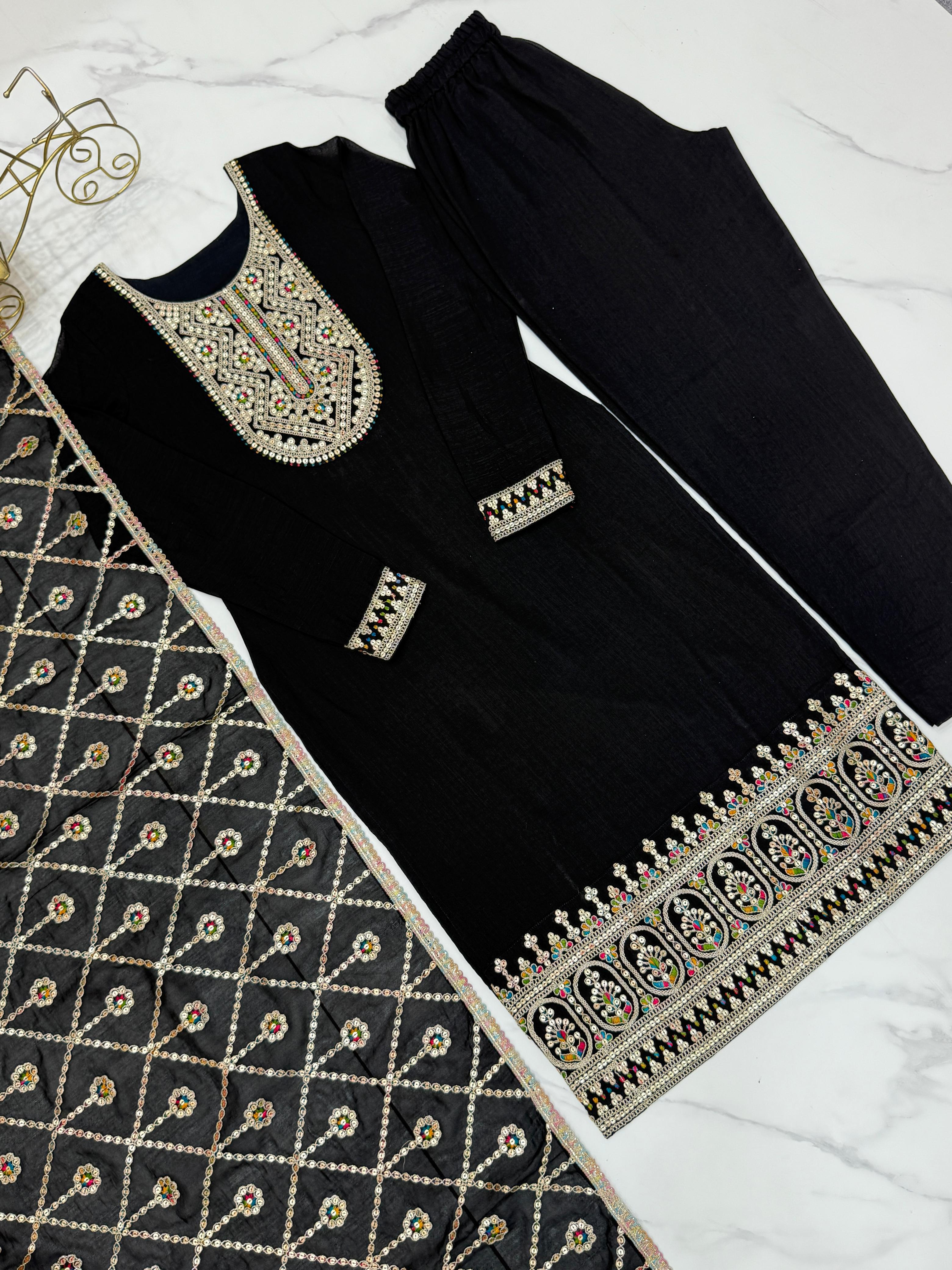 Amazing Black Pure Vichitra Silk Sequins Dori Thread Worked Suit - Ethnicwish