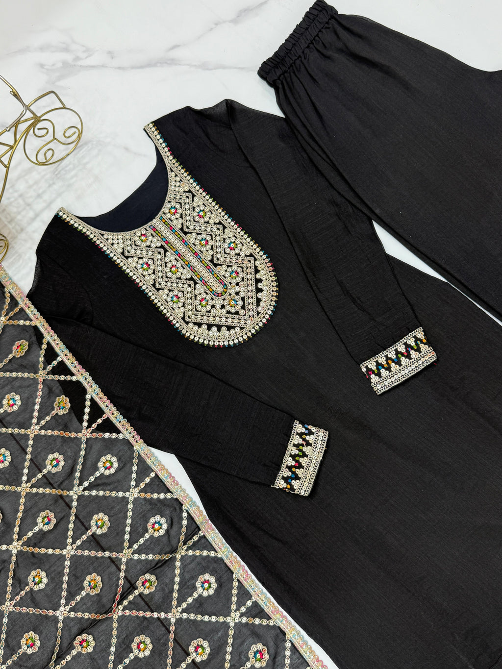 Amazing Black Pure Vichitra Silk Sequins Dori Thread Worked Suit - Ethnicwish