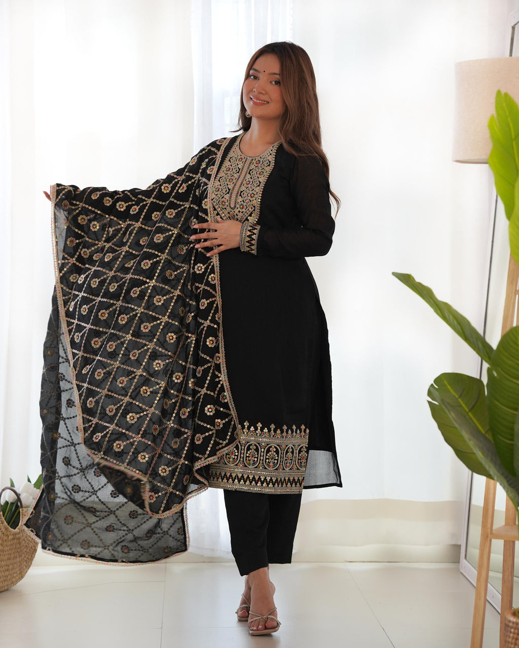 Amazing Black Pure Vichitra Silk Sequins Dori Thread Worked Suit - Ethnicwish