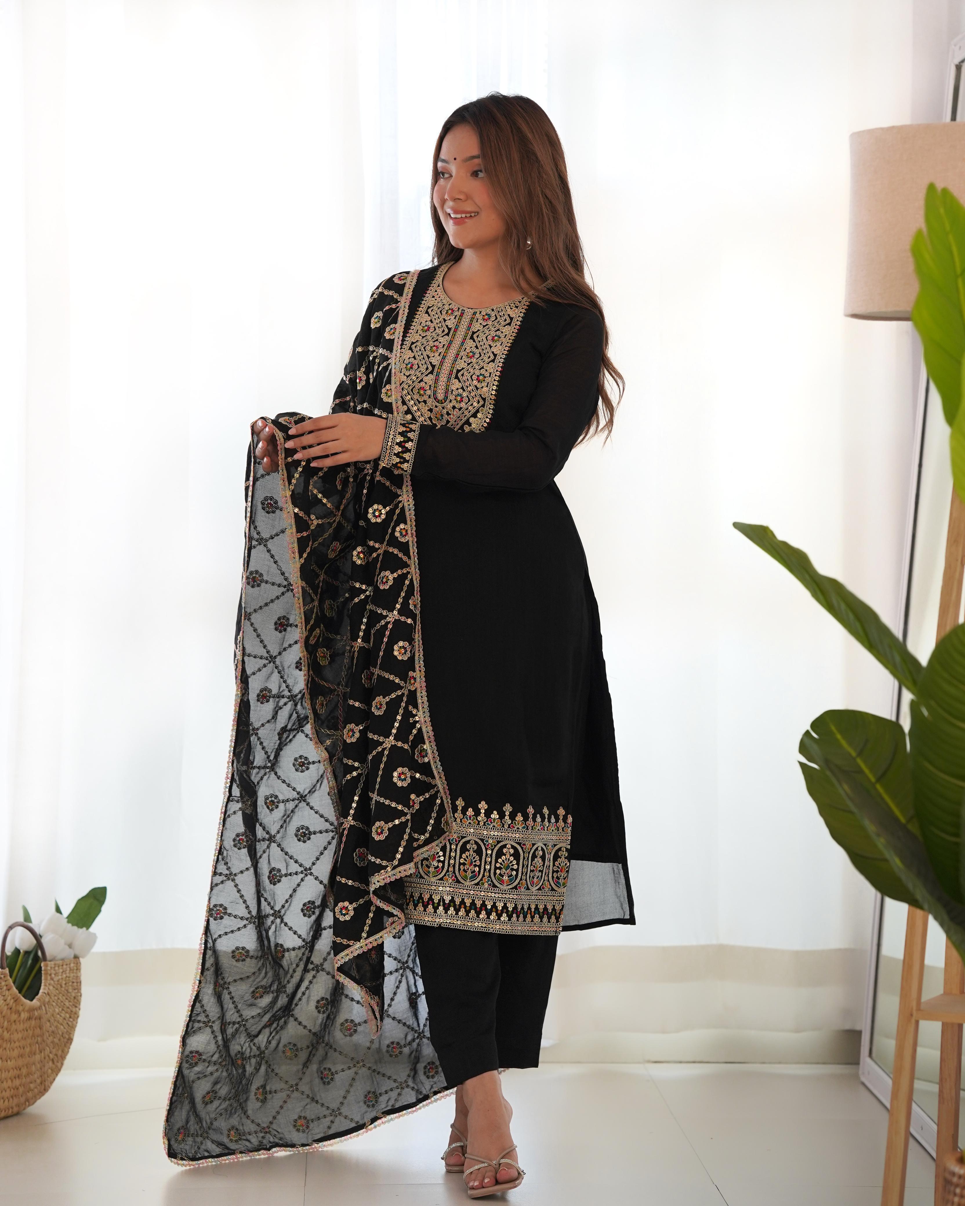 Amazing Black Pure Vichitra Silk Sequins Dori Thread Worked Suit - Ethnicwish