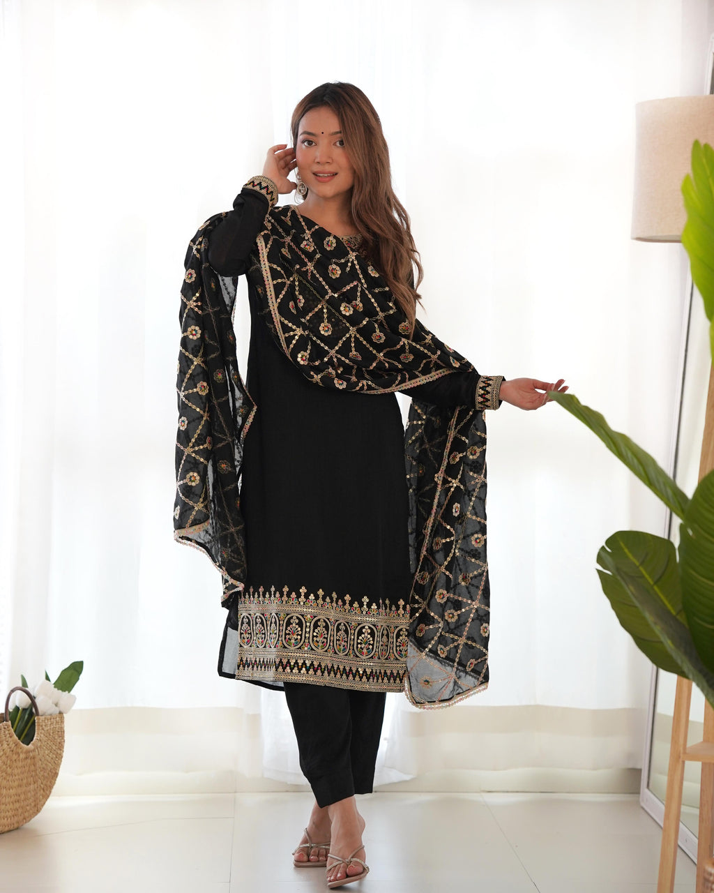 Amazing Black Pure Vichitra Silk Sequins Dori Thread Worked Suit - Ethnicwish