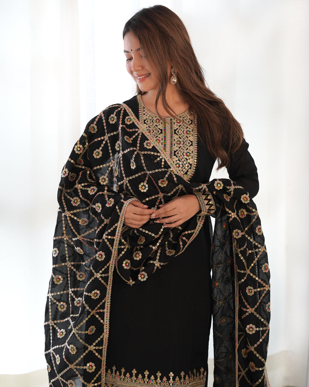 Amazing Black Pure Vichitra Silk Sequins Dori Thread Worked Suit - Ethnicwish
