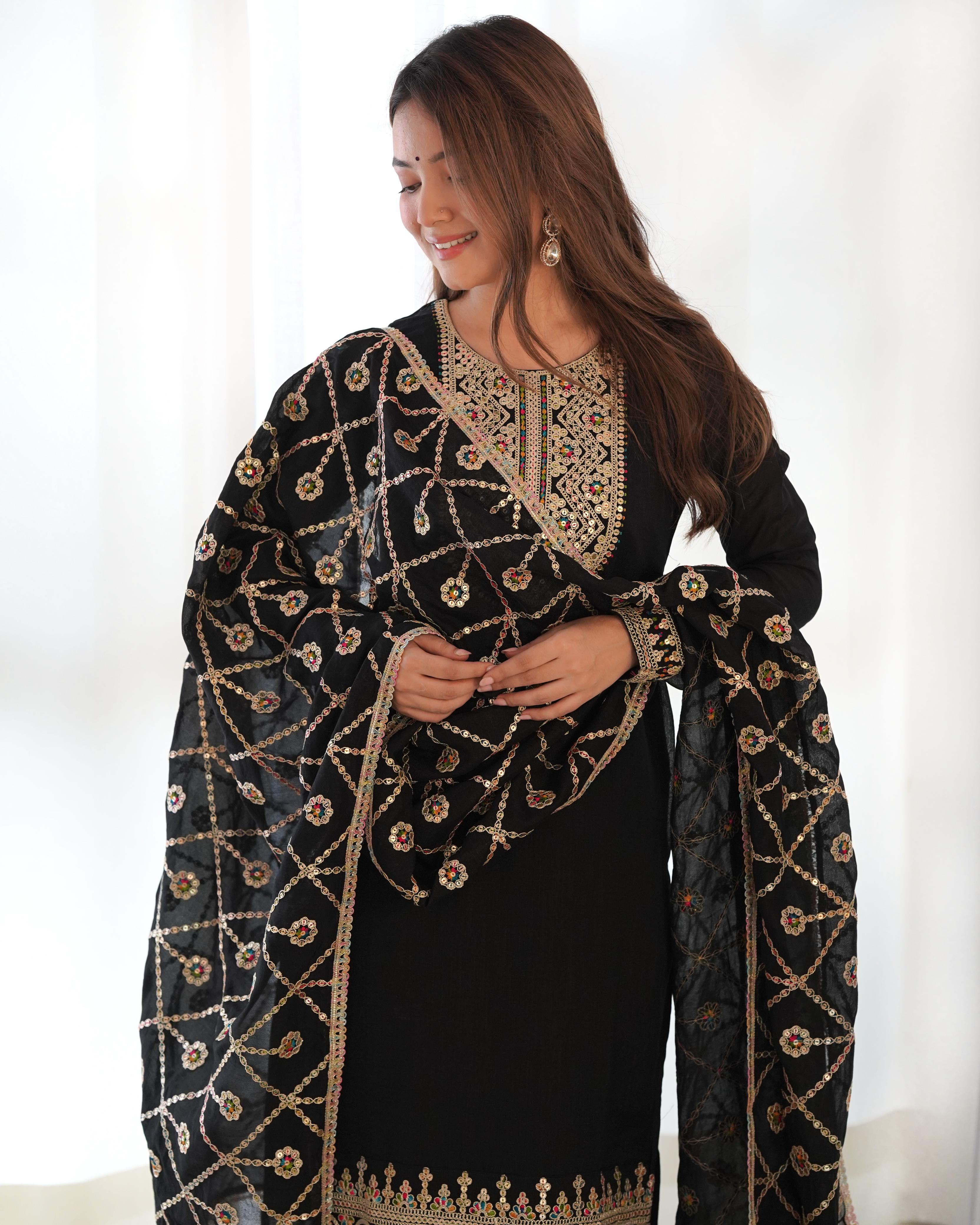 Amazing Black Pure Vichitra Silk Sequins Dori Thread Worked Suit - Ethnicwish