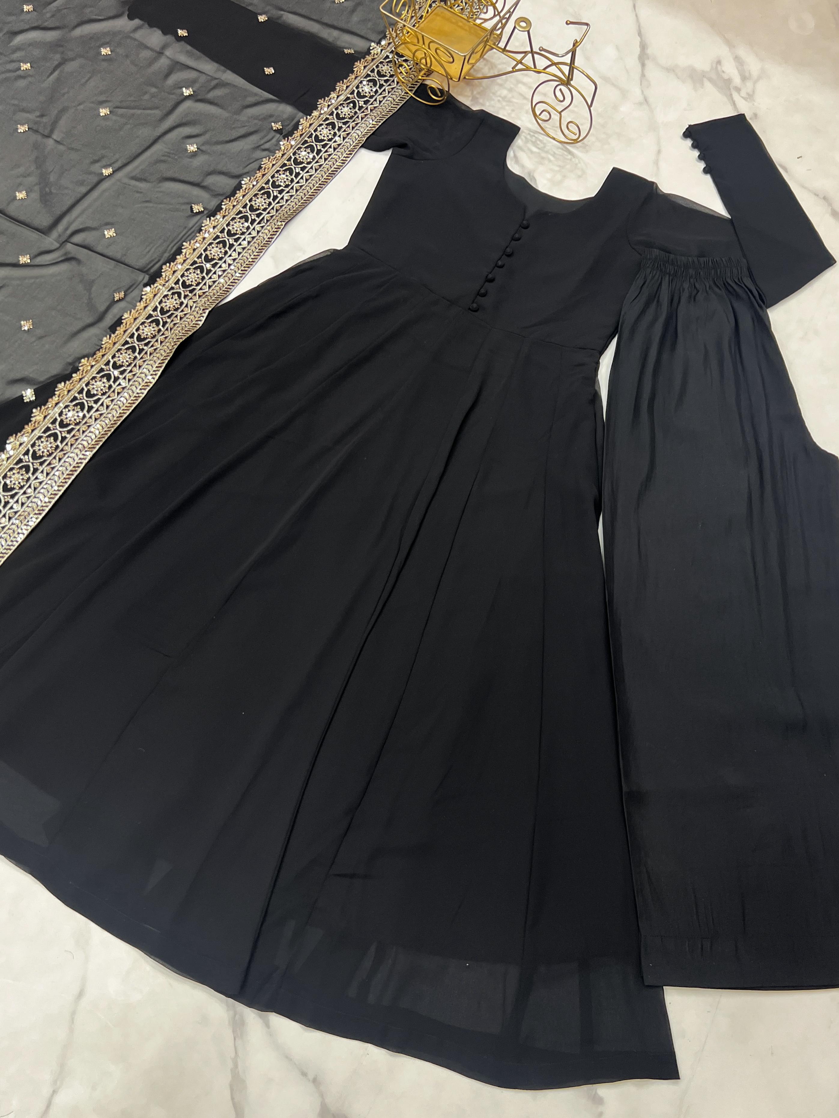 Elegant Pure Faux Georgette Kurta Dupatta Set With Palazzo - ETHNICDEAL