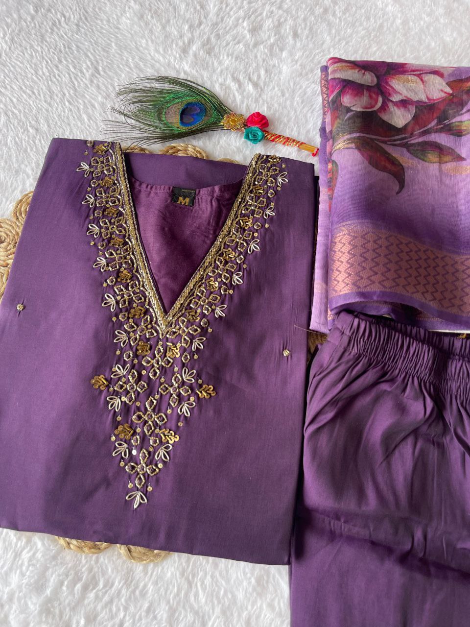 Lovely Purpleberry Roman Silk Handworked Kurta Pant Dupatta Set - Ethnicwish