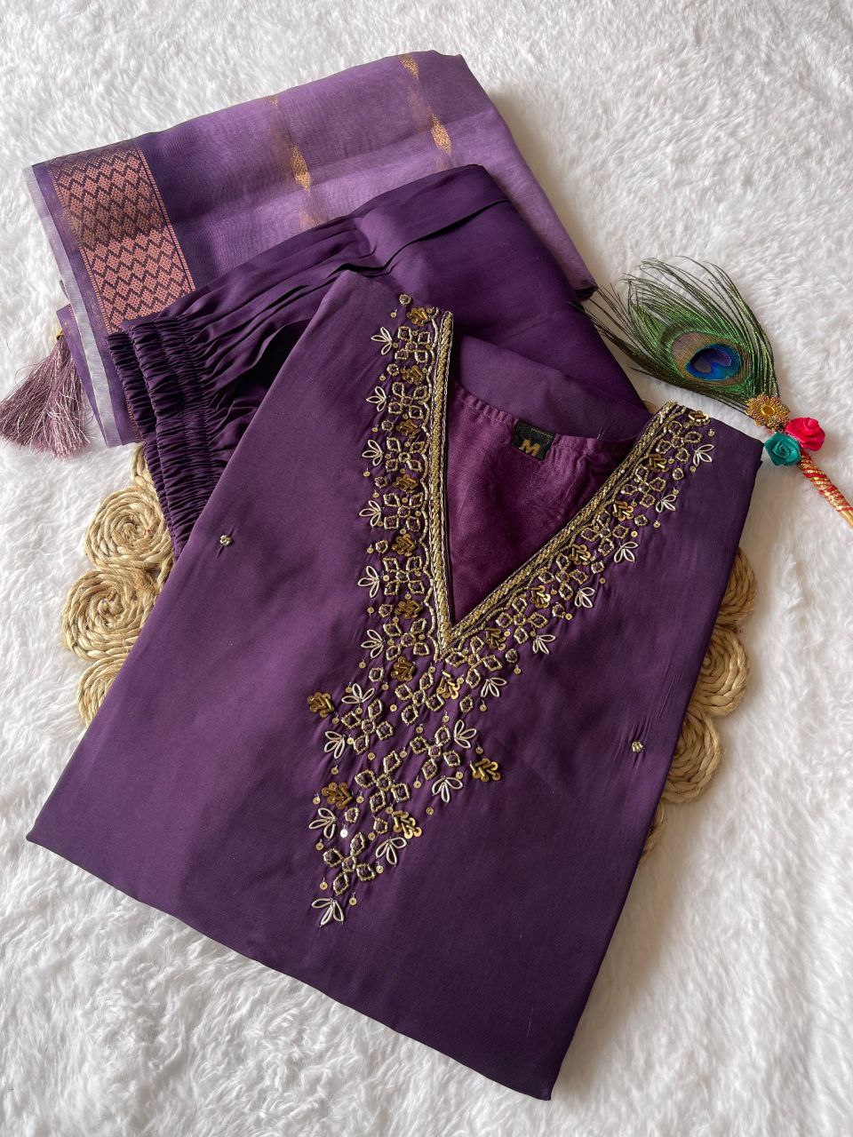 Lovely Purpleberry Roman Silk Handworked Kurta Pant Dupatta Set - Ethnicwish