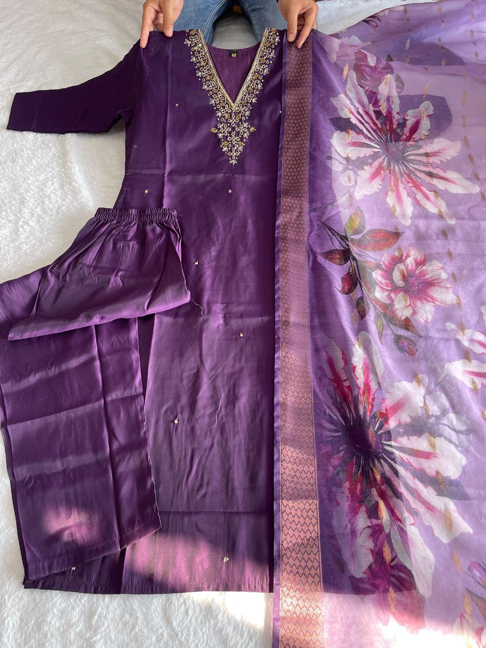 Lovely Purpleberry Roman Silk Handworked Kurta Pant Dupatta Set - Ethnicwish