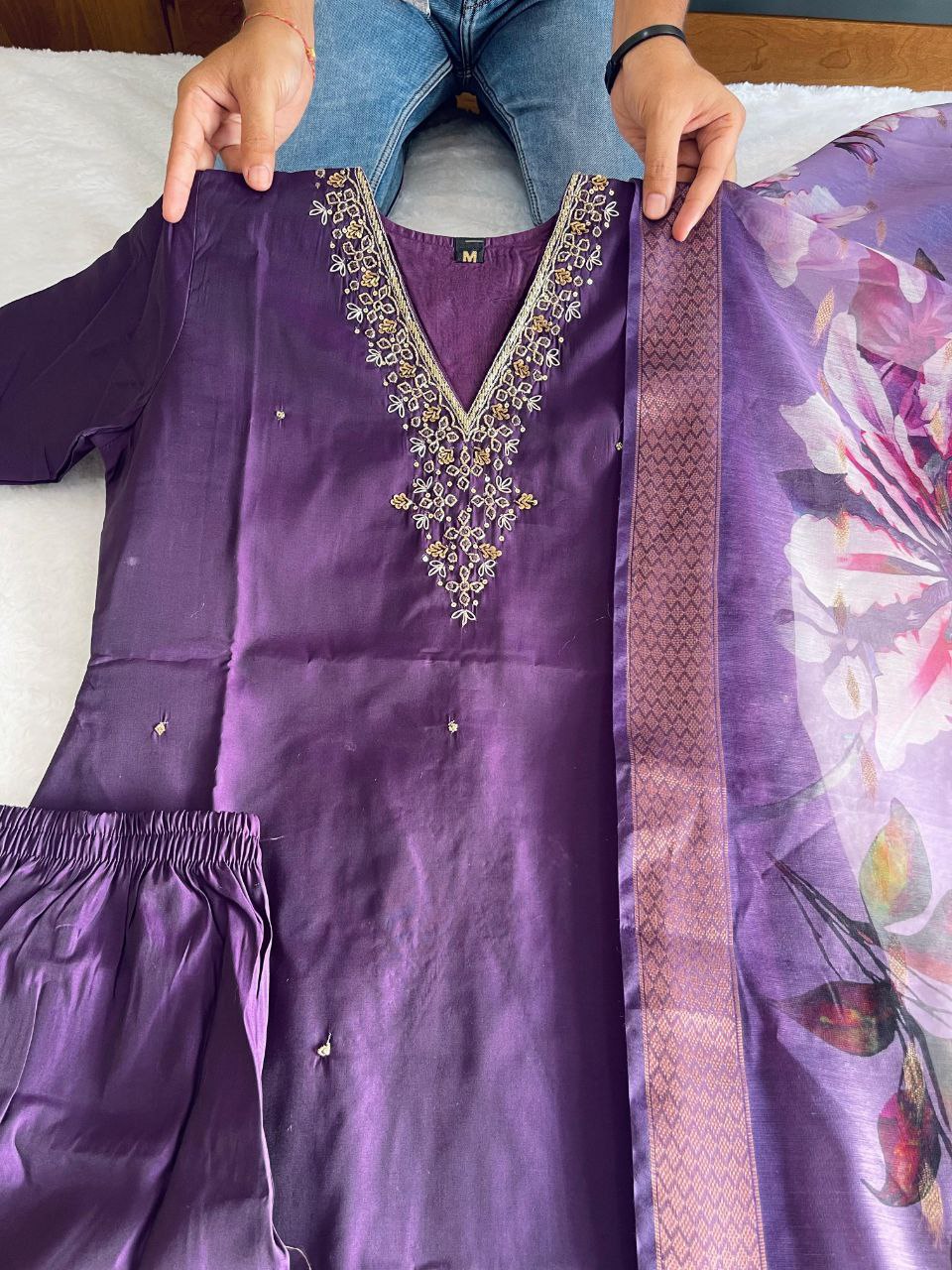 Lovely Purpleberry Roman Silk Handworked Kurta Pant Dupatta Set - Ethnicwish