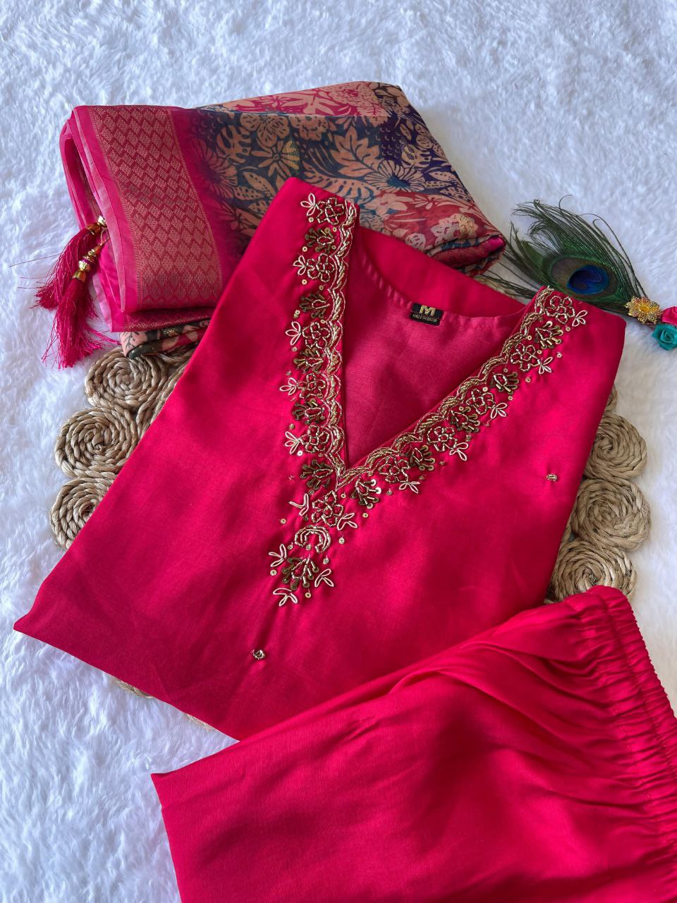 Glamorous Rasberry Roman Silk Handworked Kurta Pant Dupatta Set - Ethnicwish