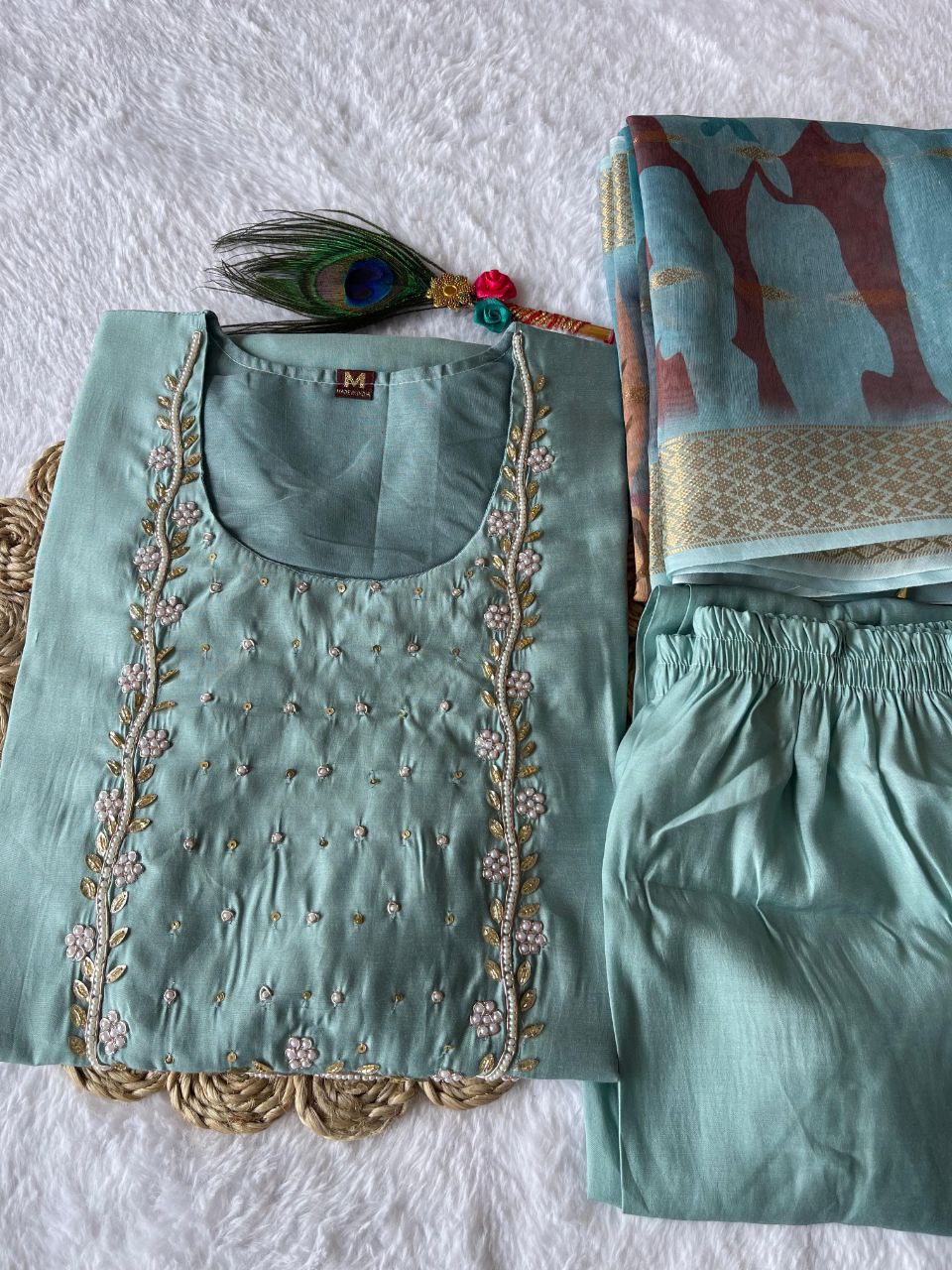 Majestic Cyan Roman Silk Handworked Kurta Pant Dupatta Set - Ethnicwish