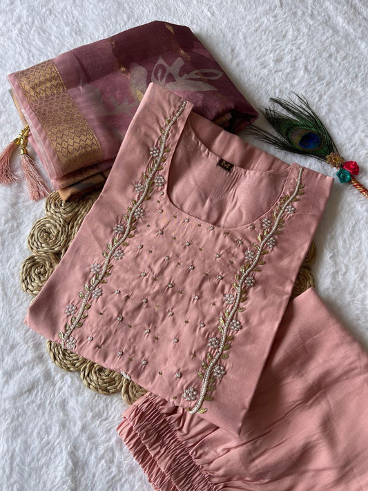 Shimmering Light Pink Roman Silk Handworked Kurta Pant Dupatta Set - Ethnicwish