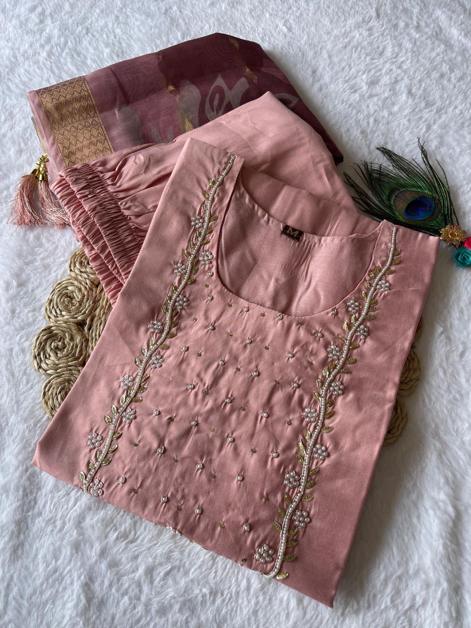 Shimmering Light Pink Roman Silk Handworked Kurta Pant Dupatta Set - Ethnicwish