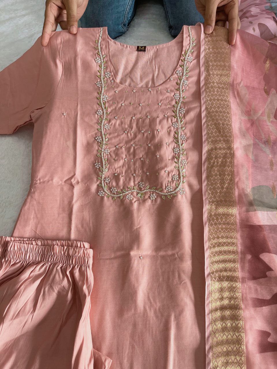 Shimmering Light Pink Roman Silk Handworked Kurta Pant Dupatta Set - Ethnicwish