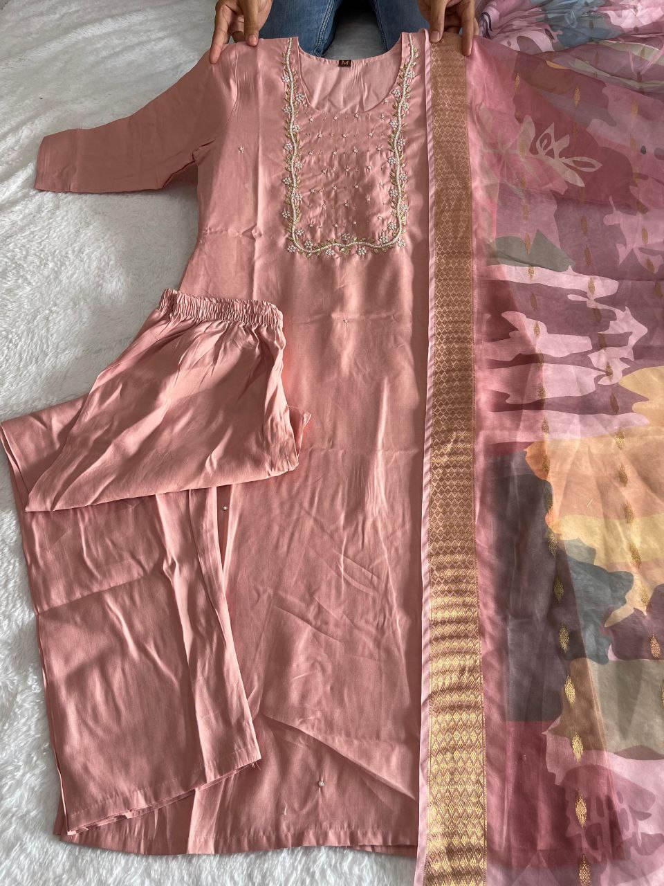 Shimmering Light Pink Roman Silk Handworked Kurta Pant Dupatta Set - Ethnicwish