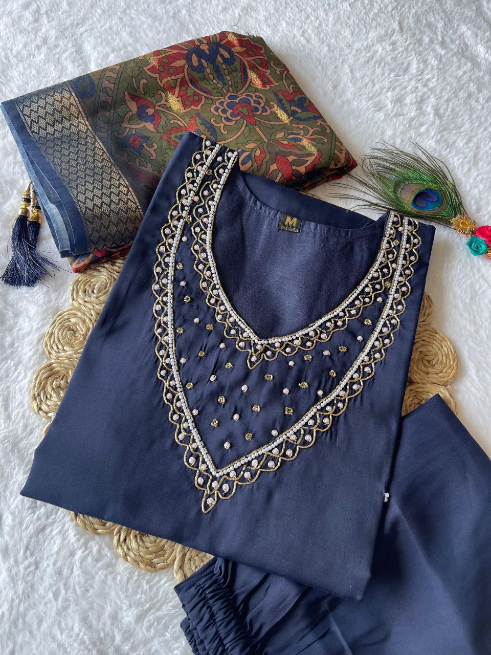 Glorious Navy Blue Roman Silk Handworked Kurta Pant Dupatta Set - Ethnicwish