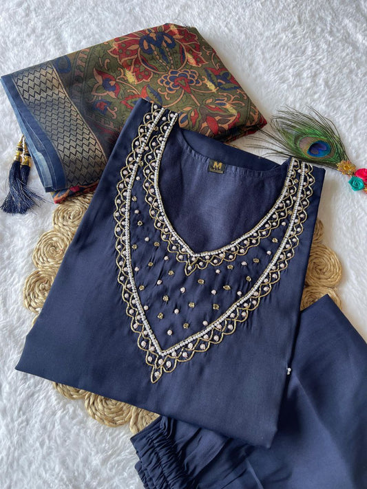 Glorious Navy Blue Roman Silk Handworked Kurta Pant Dupatta Set - Ethnicwish