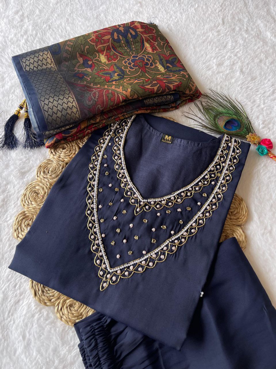 Glorious Navy Blue Roman Silk Handworked Kurta Pant Dupatta Set - Ethnicwish