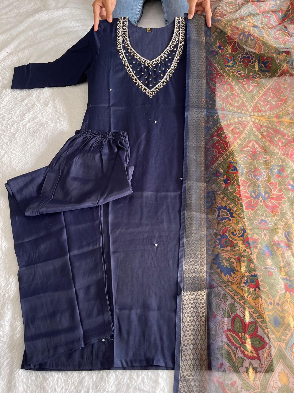 Glorious Navy Blue Roman Silk Handworked Kurta Pant Dupatta Set - Ethnicwish