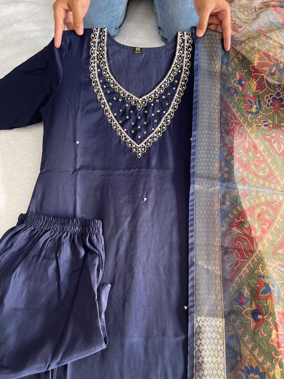 Glorious Navy Blue Roman Silk Handworked Kurta Pant Dupatta Set - Ethnicwish