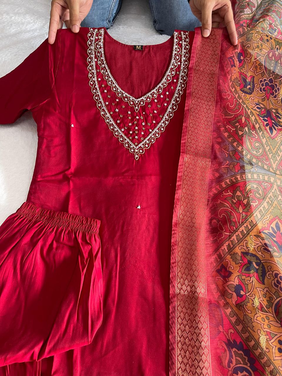 Ethereal Rani Pink Roman Silk Handworked Kurta Pant Dupatta Set - Ethnicwish