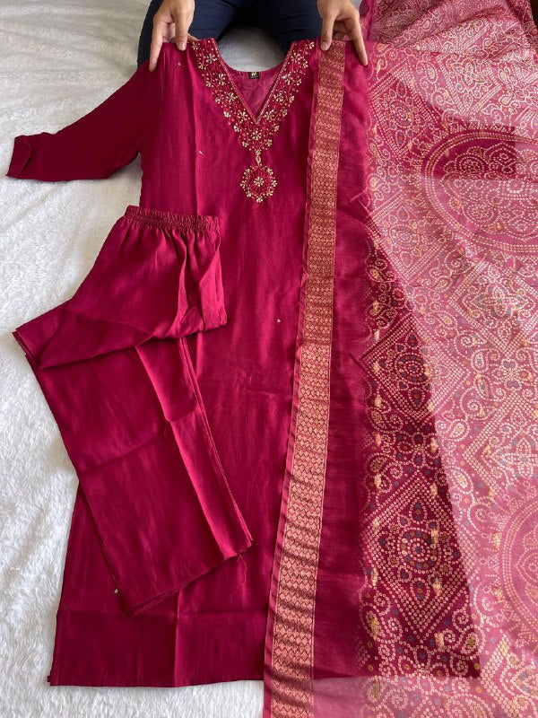 Charming Cherry Roman Silk Handworked Kurta Pant Dupatta Set - Ethnicwish