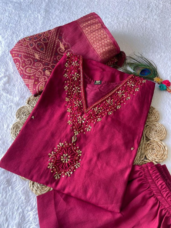 Charming Cherry Roman Silk Handworked Kurta Pant Dupatta Set - Ethnicwish