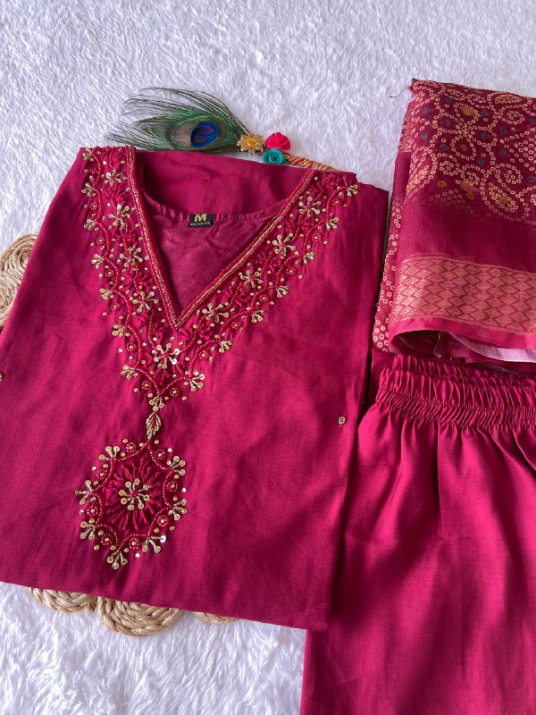 Charming Cherry Roman Silk Handworked Kurta Pant Dupatta Set - Ethnicwish